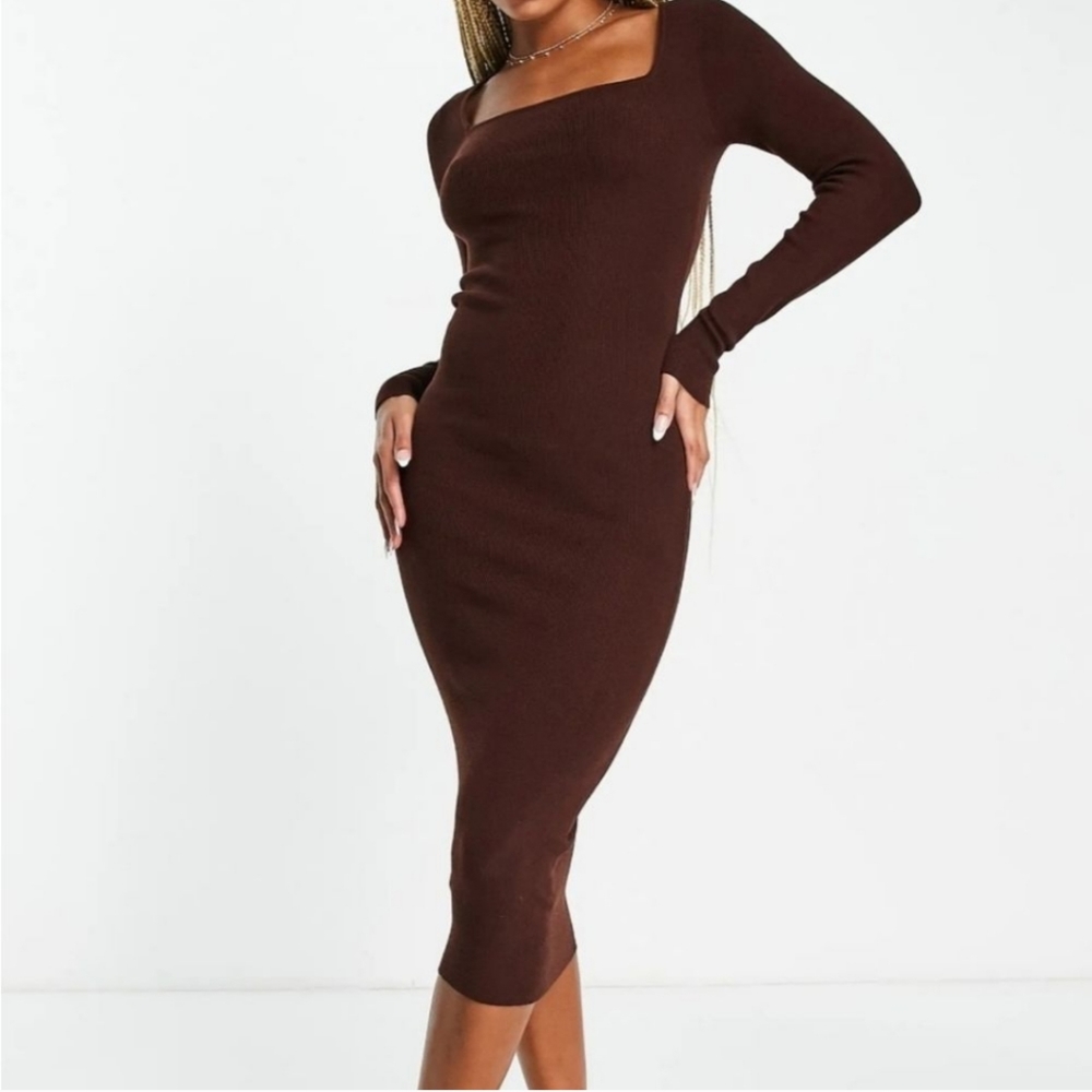 ASOS Brown Long Sleeve Midi Dress